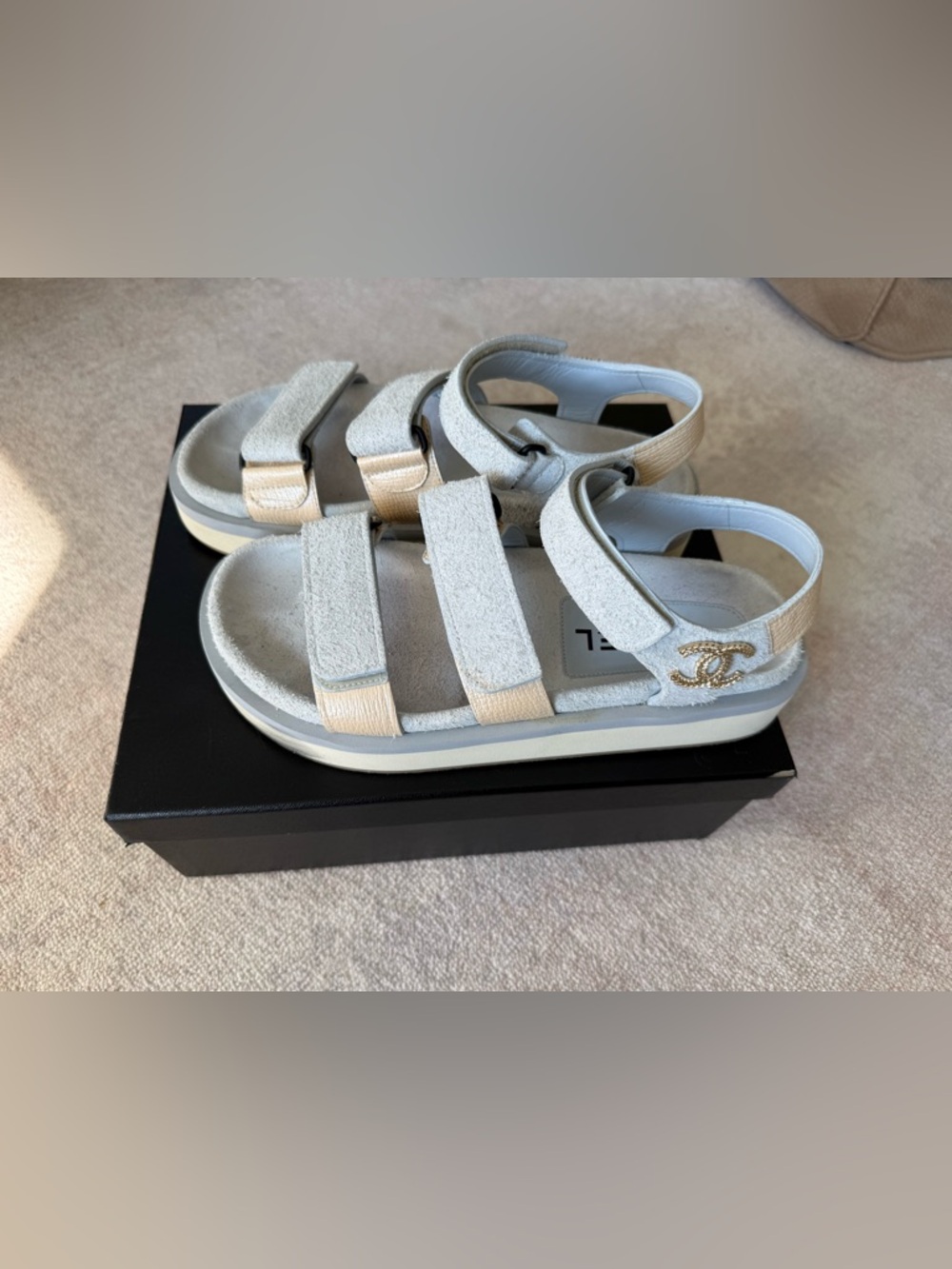 Chanel Dad Sandals Velcro CC Logo Platform – Light Blue / Beige